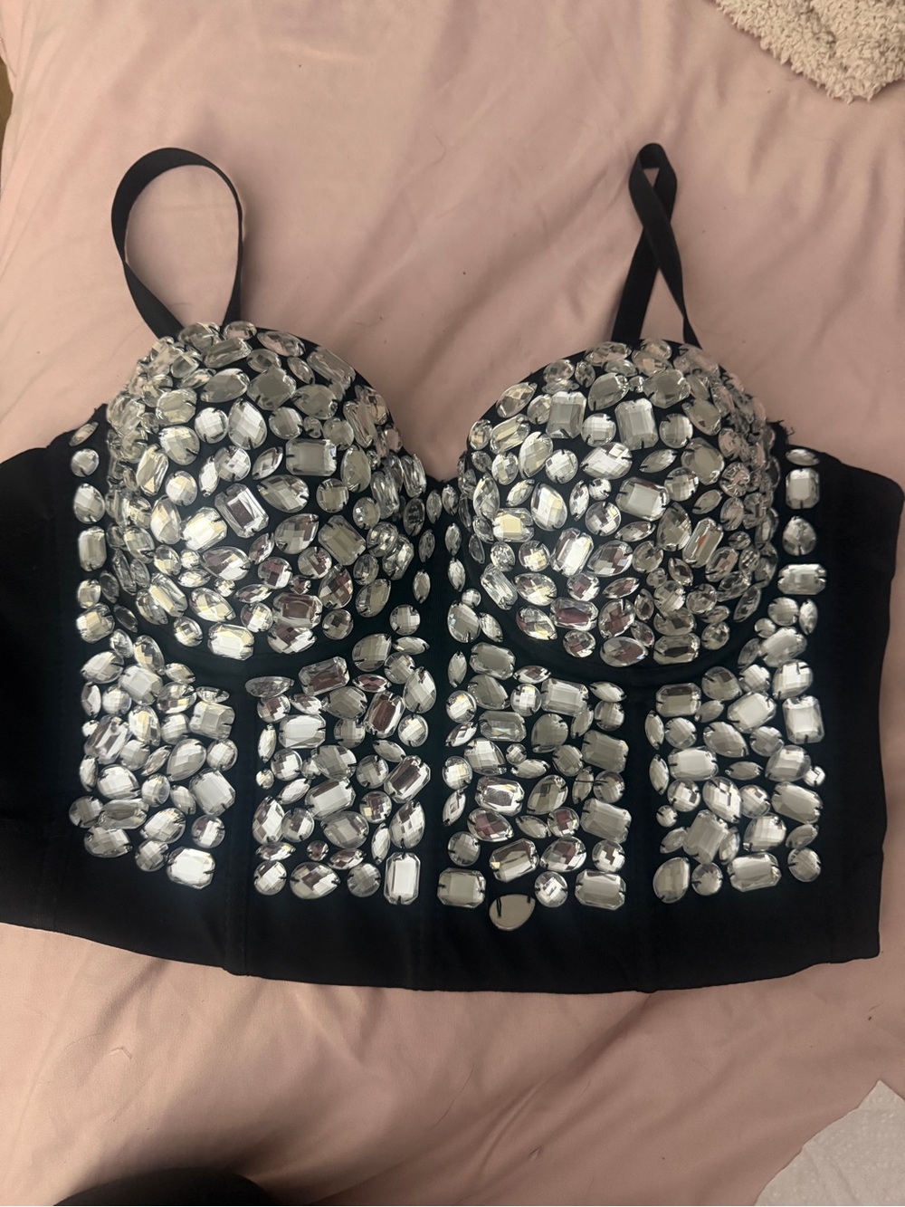 Embellished Black Bustier Top with Silver Gem Accents